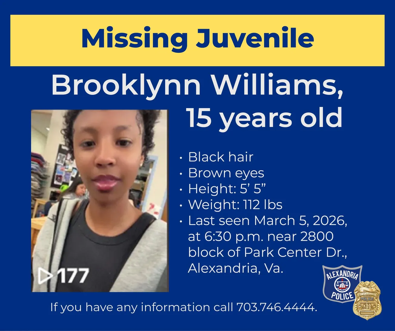 Alexandria police seek public's help finding missing 15-year-old girl