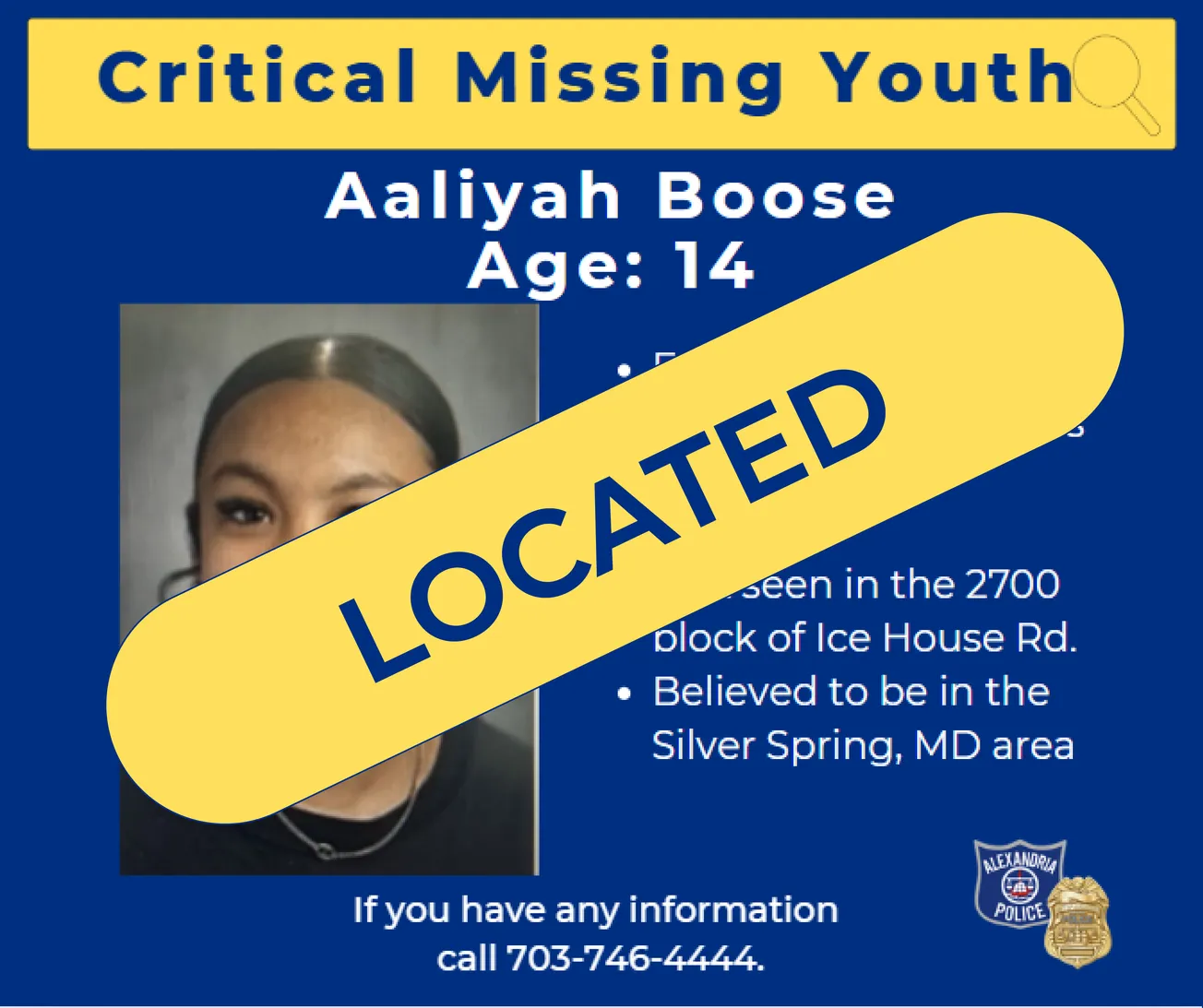 Alexandria police: Missing 14-year-old Aaliyah Boose located safe